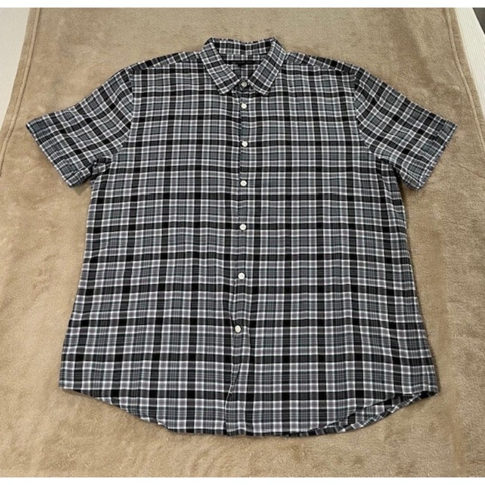 John Varvatos USA Shirt Men XL Gray Plaid Casual Preppy Button Up Cotton s/s EUC